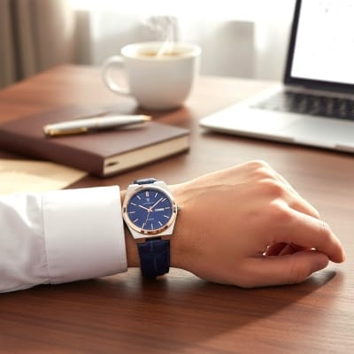 Picture of Men's Luxury Fashion Quartz Watch with Premium Blue Leather Strap, Waterproof Luminous Calendar Display, and Elegant Rose Gold Bezel Design for Sophisticated Business Professionalism and Everyday Classic Style Wear.-Blue