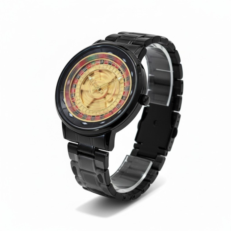 Picture of Premium Men’s Casino Roulette Watch featuring 360 Degree Rotating Dial and Black Stainless Steel Metal Chain Strap Perfect Fashion Accessory for Party Wear Business Casual Events and Unique Stylish Gifting Options for Boys.-Multicolor