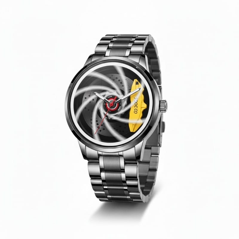 Picture of Creative Design Rotation Dial Watch For Men Features A Unique Car Wheel Rim Hub Design With Stainless Steel Band And 3ATM Waterproof Depth Perfect For Sports And Automotive Fashion Enthusiasts Worldwide.-Black