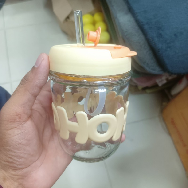 Picture of Glass Straw Cup, Portable Cute Straw Cup, Souvenir Straw Cup Drinking Cup Personalized Logo Letter Shaped yellow-Yellow