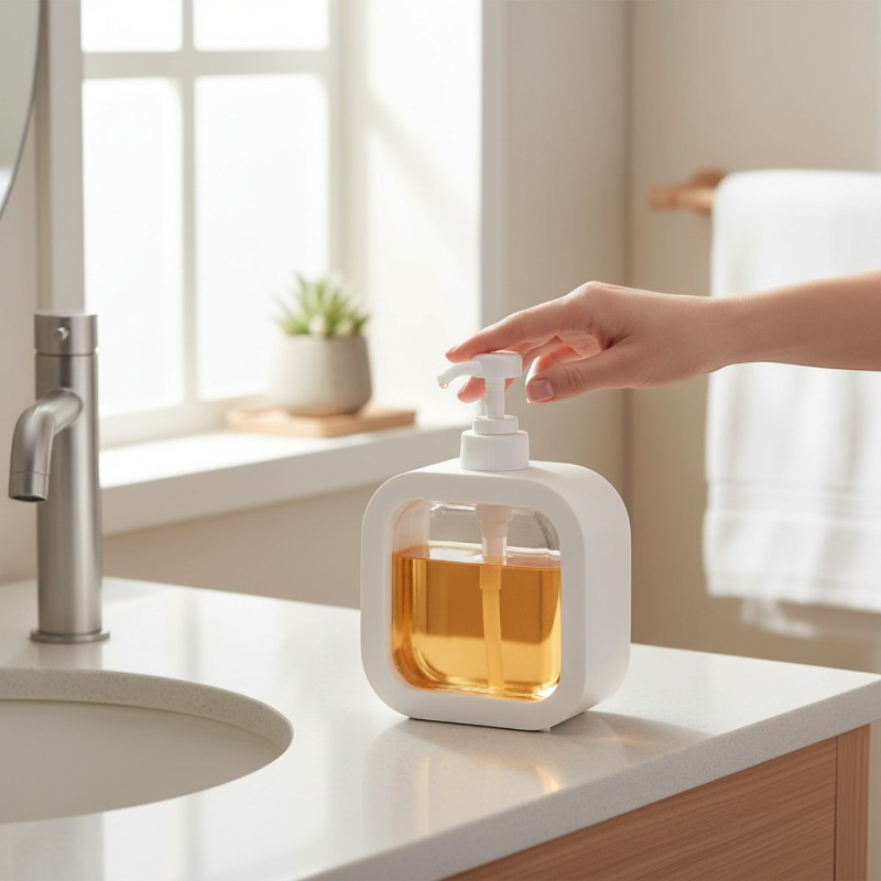 Picture of Modern white square-shaped plastic soap dispenser featuring a clean exterior shell and a clear internal window for easy liquid level monitoring perfect for enhancing your bathroom vanity or modern kitchen sink decor.-white