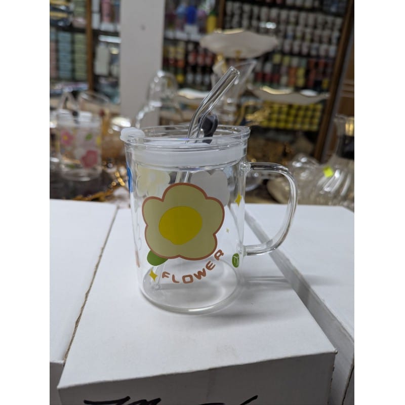 Picture of Floral Design Premium Glass Jar Mug with Handle, Airtight Leak-Proof Lid, and Reusable Straw for Coffee, Milkshakes, Juice, or Water; Elegant Heat-Resistant Borosilicate Drinkware Container Perfect for Stylish Home Decor and Gift.-Multicolor