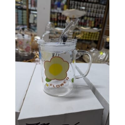 Picture of Floral Design Premium Glass Jar Mug with Handle, Airtight Leak-Proof Lid, and Reusable Straw for Coffee, Milkshakes, Juice, or Water; Elegant Heat-Resistant Borosilicate Drinkware Container Perfect for Stylish Home Decor and Gift.-Multicolor