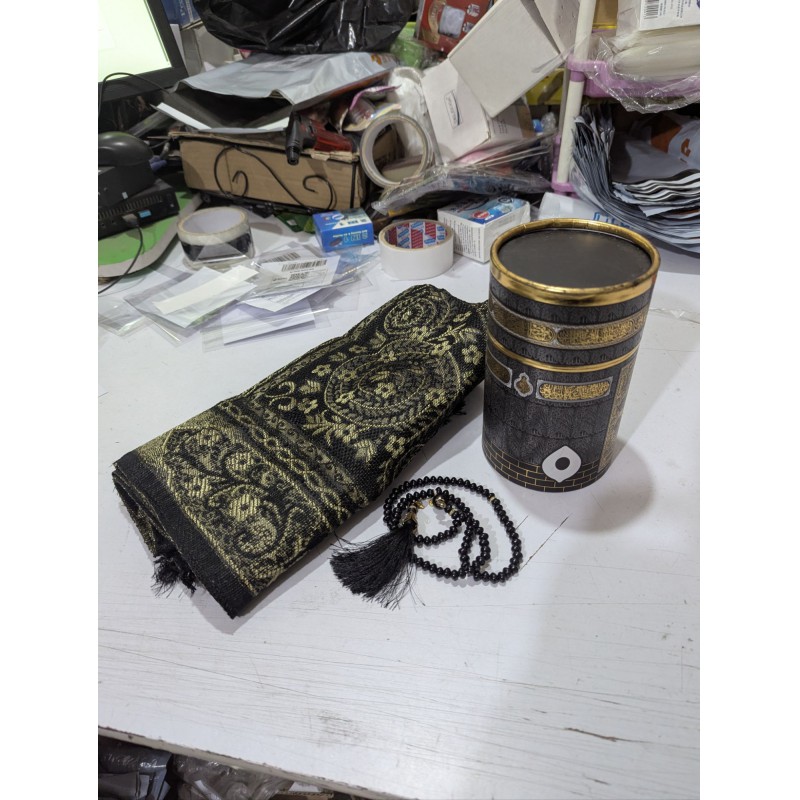 Picture of Premium Kaaba Design Islamic Gift Set Featuring Luxury Taffeta Prayer Rug and 99 Beads Tasbih Rosary in Elegant Cylinder Box Perfect for Ramadan Eid Hajj and Special Muslim Occasions Worldwide.-black