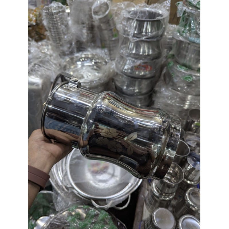 Picture of Premium High-Gloss Mirror Finish Stainless Steel Milk Pot Barni Featuring Elegant Floral Engraving and Decorative Brass Knob Lid Ideal for Hygienic Storage of Fresh Milk Ghee Oil and Kitchen Liquid Items.-Multicolor