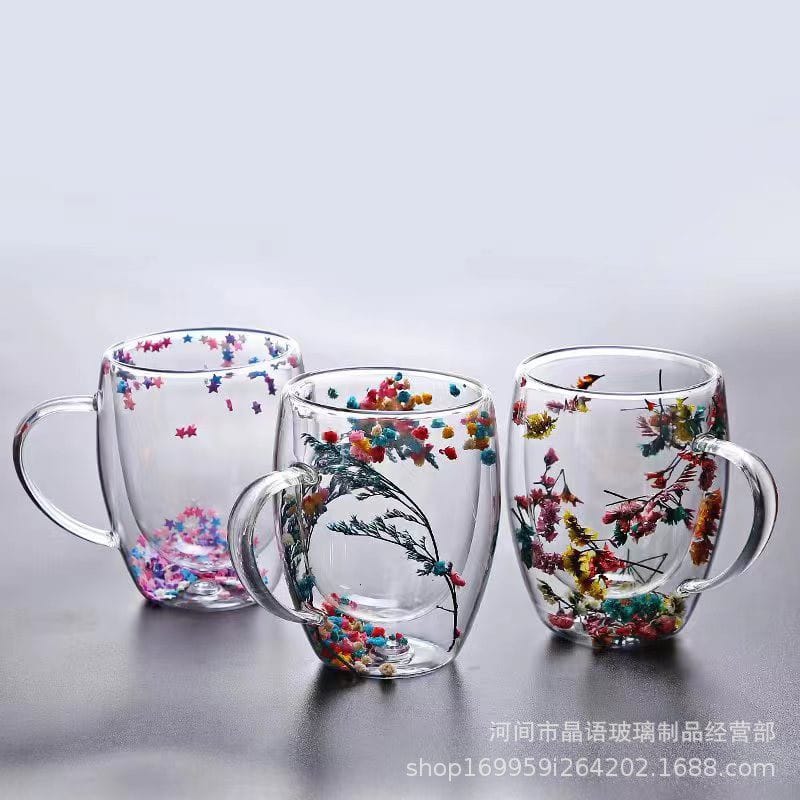 Picture of Dried Flower Double Wall Glass Mug.-Multicolor