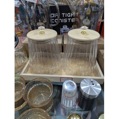 Picture of Premium Airtight Glass Storage Canister Set with Natural Wooden Lids & Crystal Knobs, Displayed on a Coordinated Bamboo Serving Tray-Multicolor