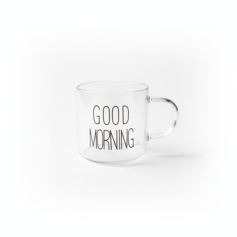Picture of Premium Good Morning Glass Mug made from high-quality borosilicate glass, featuring a clear heat-resistant body and ergonomic handle, perfect for serving hot coffee, herbal tea, milk, or fresh fruit juice.-Multicolor