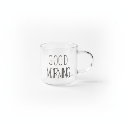 Picture of Premium Good Morning Glass Mug made from high-quality borosilicate glass, featuring a clear heat-resistant body and ergonomic handle, perfect for serving hot coffee, herbal tea, milk, or fresh fruit juice.-Multicolor