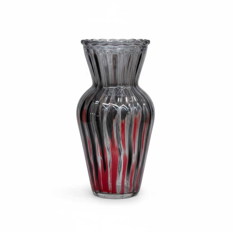 Picture of Exquisite Hand-Blown Murano Style Art Glass Vase Featuring Elegant Vertical Red and Black A Canne Striped Design with Ribbed Texture and Scalloped Rim for Sophisticated Mid-Century Modern Home Interior Decorative Centerpiece Displays-Multicolor