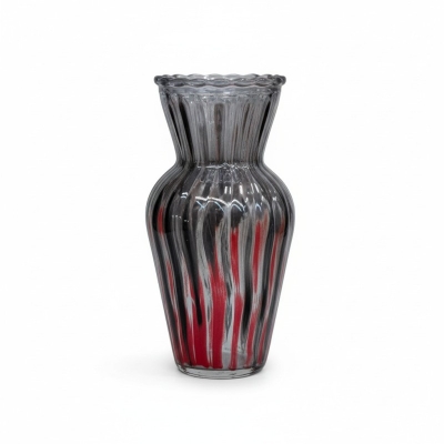 Picture of Exquisite Hand-Blown Murano Style Art Glass Vase Featuring Elegant Vertical Red and Black A Canne Striped Design with Ribbed Texture and Scalloped Rim for Sophisticated Mid-Century Modern Home Interior Decorative Centerpiece Displays-Multicolor