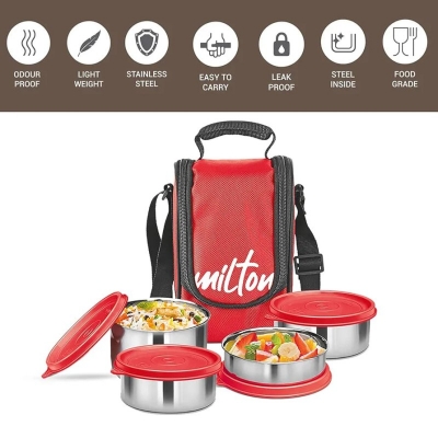 Picture of Milton Tasty 4 Stainless Steel Lunch Box with bag, Red 3 in 1. 200,320 & 500 ml-Red