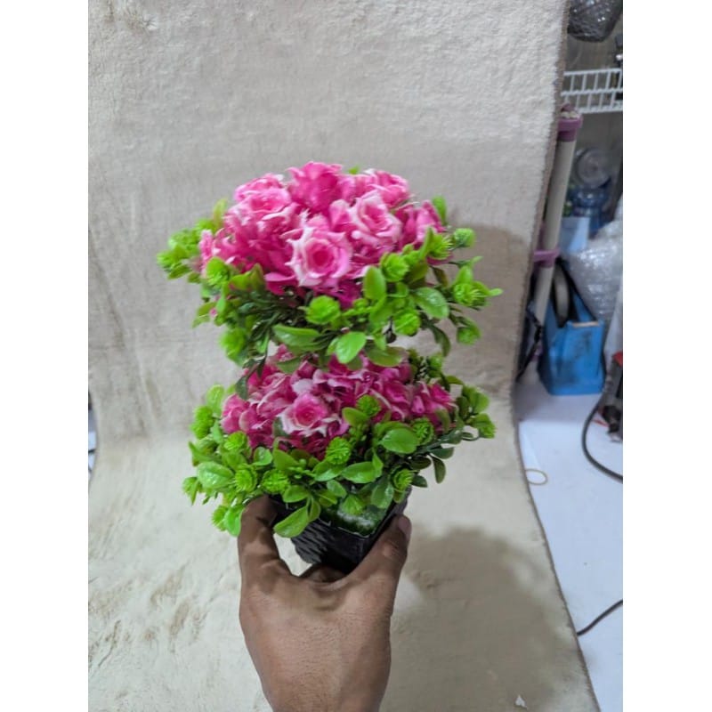 Picture of Premium Two-Tier Pink Artificial Rose Bonsai Tree in Black Decorative Pot for Home and Office Table Decor-Multicolor