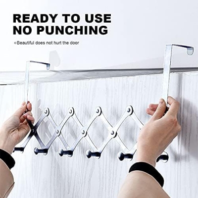 Picture of Door Hooks, Extendable Door Hook Rail, Door Coat Rack with 6 Hooks, Hook Rail Door Door Hook for Bathroom Hallway and Bedroom Coat Hook Without Drilling (Silver)-Silver