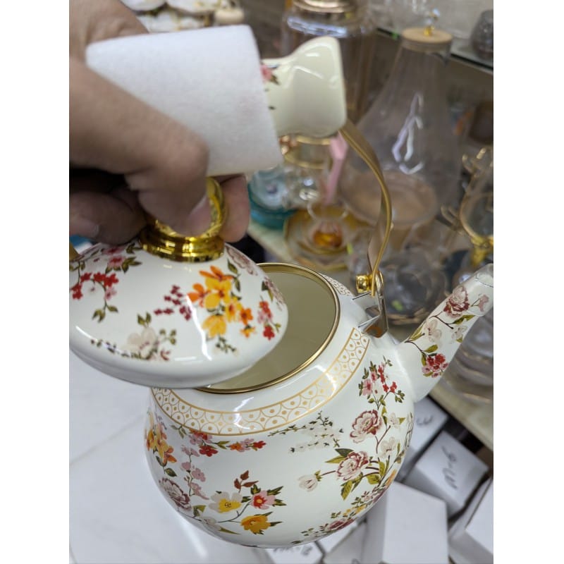 Picture of Premium Quality Favourite Floral Enamel Tea Kettle with Heat Resistant Ceramic Handle Durable Carbon Steel Construction Elegant Rose Design Porcelain Coating Suitable for Induction Gas Electric Stovetop Boiling Water Teapot Home.-Multicolor