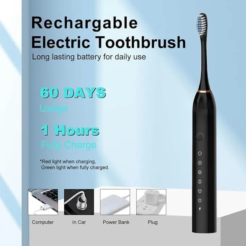 Picture of Electric Toothbrushes, USB Rechargeable Ultrasonic Tooth Brush with 4 Brush Heads 6 Cleaning Modes and Smart Timer IPX7 Waterproof Cleaning Toothbrushes for Adults and Kids (White-Multicolor