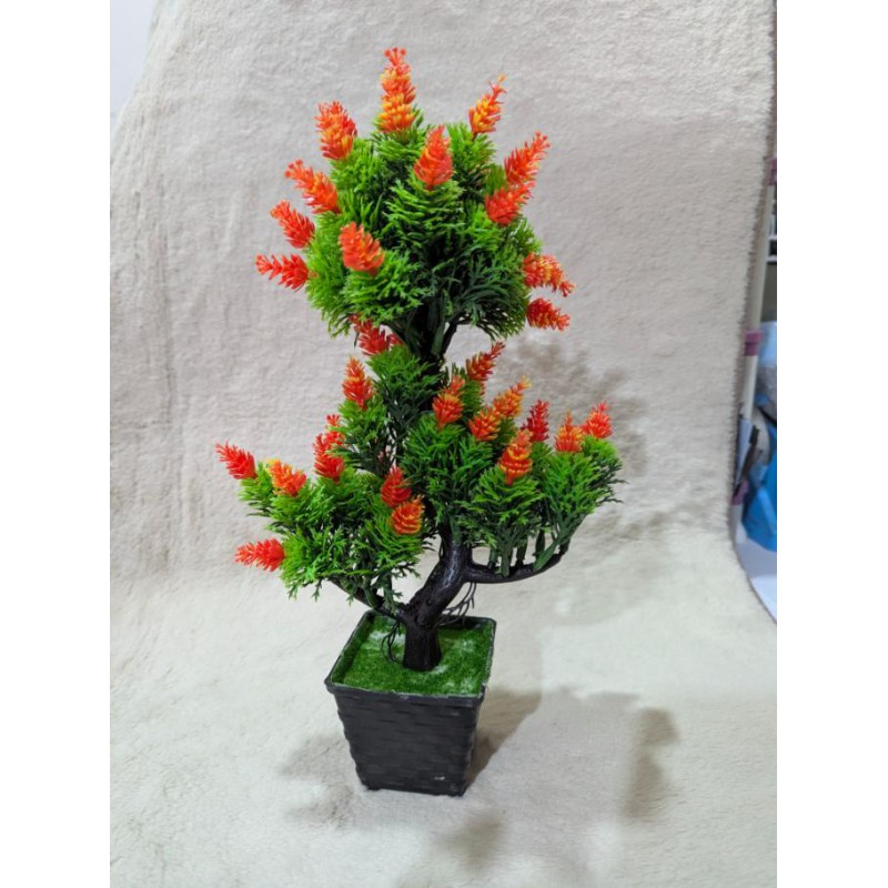 Picture of Realistic Artificial Tiered Bonsai Pine Tree with Vibrant Orange Cone Flowers and Black Textured Decorative Pot for Home Office Tabletop-Multicolor