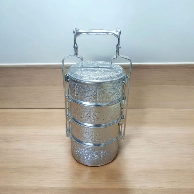 Picture of Food Carrier Thai Decorated 4 Stacks 14cm Aluminium Silver Pinto Sale Promotion-Silver