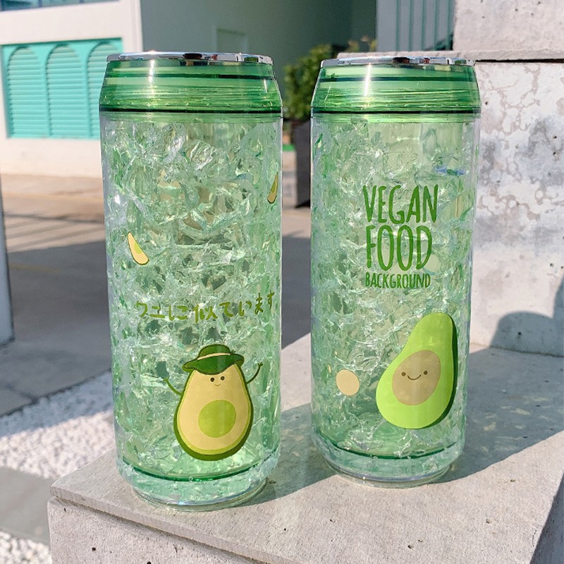 Picture of Cute Avocado Double-Wall Freezable Gel Can Tumbler with Straw & Lid (BPA-Free, Reusable)-Green