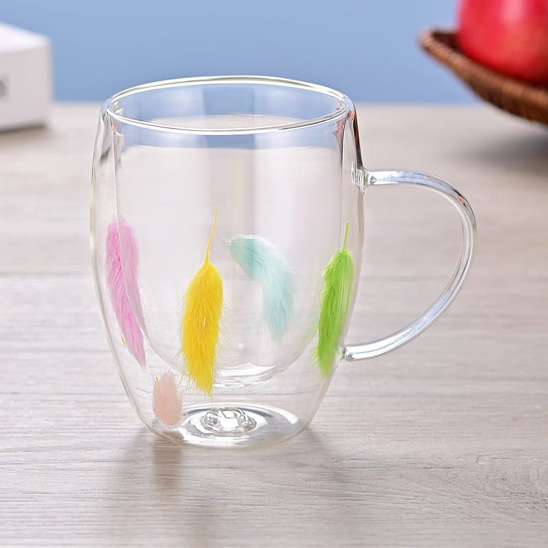 Picture of Creative Feather Double Wall Glass Mug-Multicolor