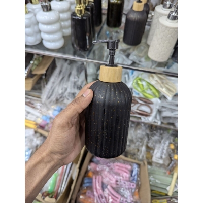 Picture of Premium Matte Black Ribbed Glass Soap Dispenser with Eco-Friendly Bamboo Pump, Elegant 410ml Refillable Countertop Liquid Hand Sanitizer and Dish Soap Bottle for Modern Minimalist Farmhouse Style Kitchen and Luxury Bathroom Decor-Black