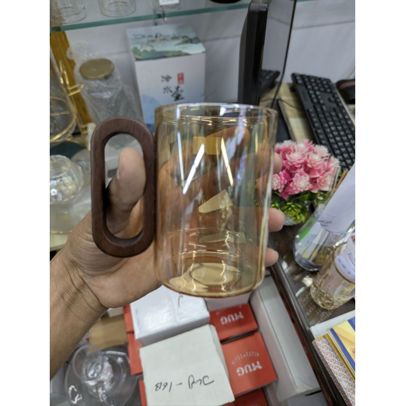 Picture of High Borosilicate Heat Resistant Glass Coffee Mug with Natural  Wood Handle Smoked  Tea Cup for Modern Kitchen Decor Minimalistic Style Drinking Glassware for Hot and Cold Beverages Daily.-Gold
