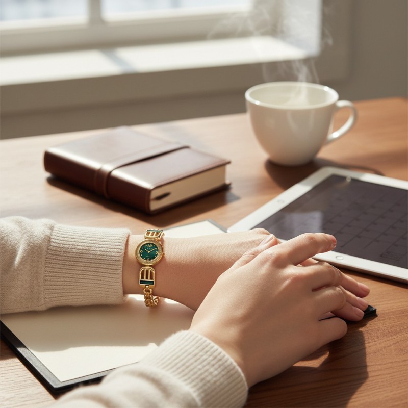 Picture of Elegant Vintage Emerald Green Dial Bracelet Watch for Women Featuring Luxurious Gold-Tone Metal Chain Link Strap with Decorative Green Crystal Accents Perfect for Sophisticated Daily Wear or Special Evening Events.-Multicolor