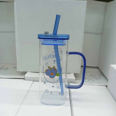 Picture of Multi-Color Glass Sipper Tumbler Mug – 400ml Borosilicate Glass with Acrylic/Wooden Lid & Straw – Microwave Safe, Lightweight & Scratch Resistant – Perfect for Juice, Coffee, Tea,s – Pack of 1-Blue
