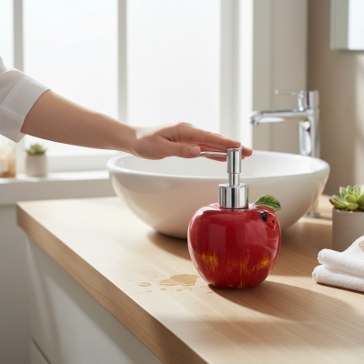 Picture of Premium red apple-shaped ceramic soap dispenser for bathroom vanity decor featuring a durable rust-proof pump and refillable liquid hand soap container designed to add a stylish touch to your modern kitchen sink.-Red