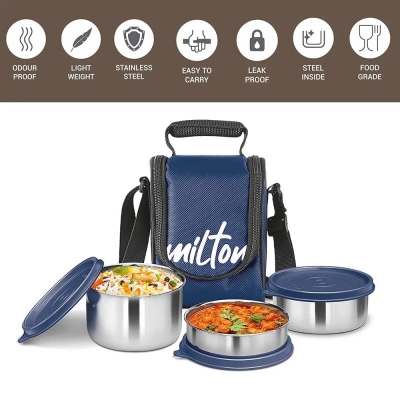 Picture of Milton Tasty 4 Stainless Steel Lunch Box with bag, blue 3 in 1. 200,320 & 500 ml-Blue