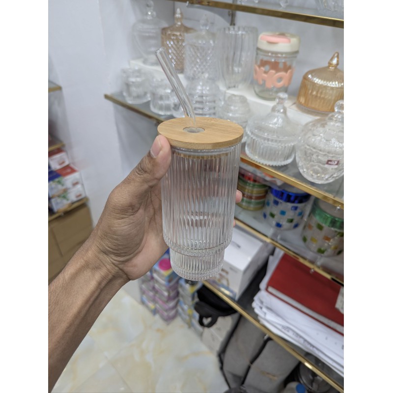 Picture of Premium Ribbed Glass Coffee Tumbler with Natural Bamboo Lid and Reusable Glass Straw, 16oz Aesthetic Fluted Drinking Glass for Iced Coffee, Juice, Cocktails, and Smoothies, Durable Borosilicate Glassware for Home and Travel.-Multicolor