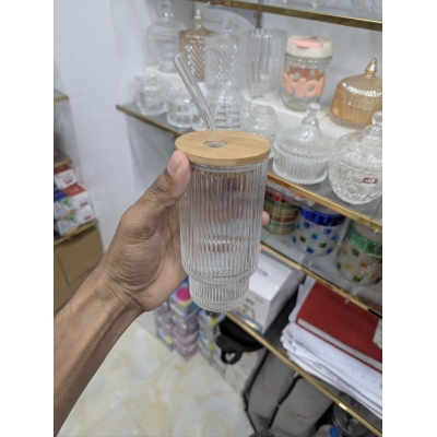 Picture of Premium Ribbed Glass Coffee Tumbler with Natural Bamboo Lid and Reusable Glass Straw, 16oz Aesthetic Fluted Drinking Glass for Iced Coffee, Juice, Cocktails, and Smoothies, Durable Borosilicate Glassware for Home and Travel.-Multicolor
