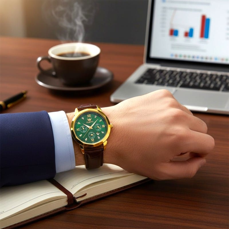 Picture of New Men’s Business Watch Gold Case Black Face Design Brown Leather Strap Quartz Analog Movement Water Resistant Construction Three Decorative Dials Calendar Display Premium Quality Men’s Fashion Accessory for Unique Style Daily.-Multicolor