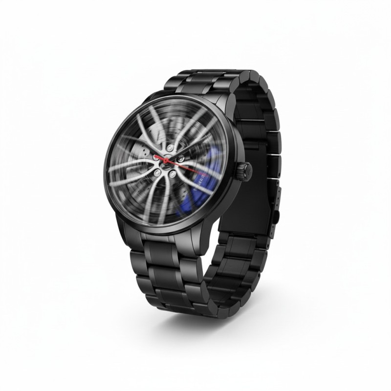 Picture of Premium Car Wheel Rim Hub Design Men's Quartz Wrist Watch with Waterproof Stainless Steel Strap, 3D Rotating Dial, Sporty Aesthetic, and High-Precision Timekeeping for Automotive Enthusiasts and Modern Fashion Lovers.-Black