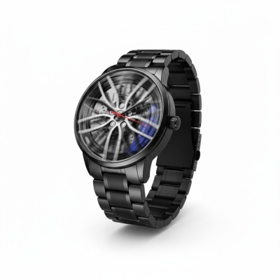 Picture of Premium Car Wheel Rim Hub Design Men's Quartz Wrist Watch with Waterproof Stainless Steel Strap, 3D Rotating Dial, Sporty Aesthetic, and High-Precision Timekeeping for Automotive Enthusiasts and Modern Fashion Lovers.-Black
