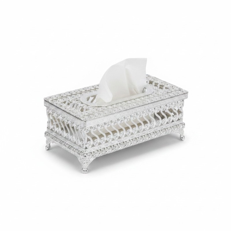 Picture of Ornate Silver Plated Filigree Metal Tissue Box Holder Luxury European Vintage Style Rectangular Napkin Case for Elegant Home Decor Living Room Bathroom Office Vanity Countertop Decorative Accessories for Gifting Purpose.-Silver