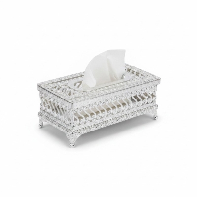 Picture of Ornate Silver Plated Filigree Metal Tissue Box Holder Luxury European Vintage Style Rectangular Napkin Case for Elegant Home Decor Living Room Bathroom Office Vanity Countertop Decorative Accessories for Gifting Purpose.-Silver