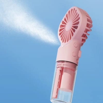 Picture of Portable Handheld Misting Fan with USB Rechargeable Battery and 4-Speed Adjustable Cooling Airflow for Outdoor Travel and Personal Desktop Use in Summer.-Multicolor