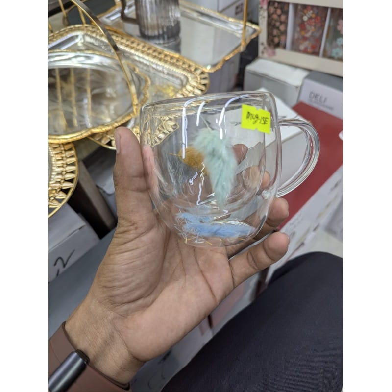 Picture of Premium High Borosilicate Double Wall Glass Coffee Mug with Beautiful Floating Colorful Feathers Design 350ml Heat Resistant Tea Cup for Hot and Cold Beverages Perfect for Gifting and Daily Home Use.-Multicolor