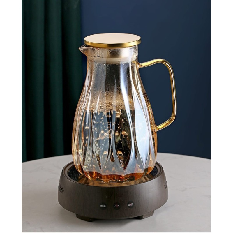 Picture of Classic Round Glass Water Pitcher with Stainless Steel Lid, Heat Resistant 2-Litre Beverage Carafe for Hot and Cold Drinks, BPA-Free Anti-Corrosion Kettle with Handle, Dishwasher Safe Elegant Modern Style-golden