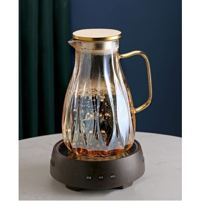 Picture of Classic Round Glass Water Pitcher with Stainless Steel Lid, Heat Resistant 2-Litre Beverage Carafe for Hot and Cold Drinks, BPA-Free Anti-Corrosion Kettle with Handle, Dishwasher Safe Elegant Modern Style-golden