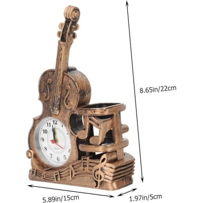 Picture of Antique Style Violin Shaped Analog Alarm Clock with Integrated Pen Holder for Students Desk Office Table Decoration Elegant Musical Instrument Theme Desktop Organizer Showpiece for Creative Home Interior Decor Gift Idea.-Multicolor