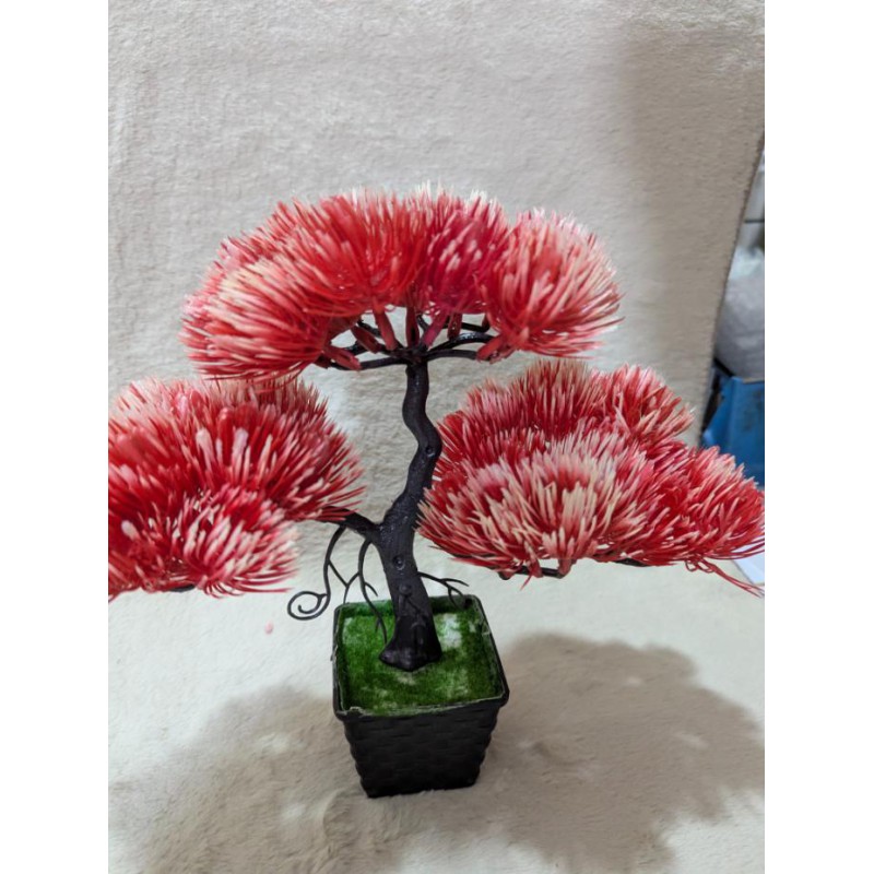 Picture of Artificial Red Pine Bonsai Tree with Decorative Pot for Home Office Desk Tabletop Zen Garden Indoor Decoration-Red