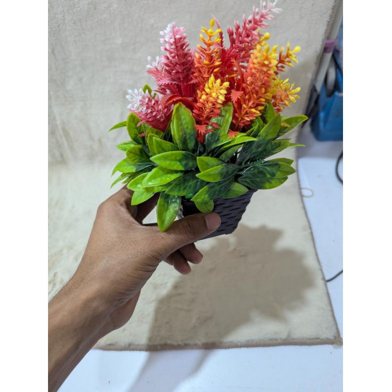 Picture of Vibrant Artificial Mini Pine Cone Potted Plant with Colorful Shrub Bonsai Flowers for Home, Office, and Indoor Tabletop Decoration-Multicolor