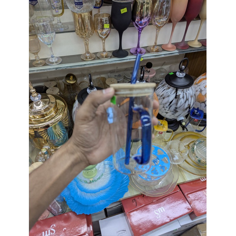 Picture of Premium Borosilicate Glass Pookie Mug with Blue Handle and Matching Glass Straw Featuring Elegant Blue Flower Charm and Eco Friendly Bamboo Lid with Airtight Silicone Seal for Hot or Cold Beverages.-Multicolor