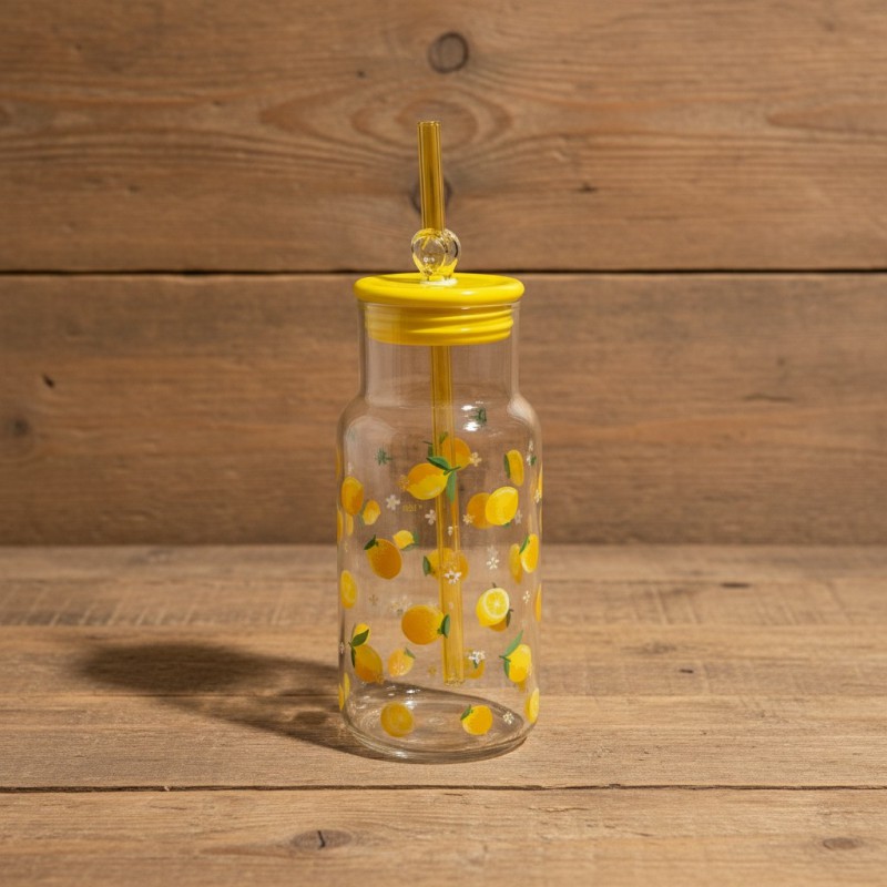 Picture of Lemon Print Sipper Glass 16oz capacity with Airtight Yellow Lid and Matching Glass Straw for Refreshing Summer Drinks Iced Coffee Smoothies Juices and Fruit Infused Water at Home Office or Outdoors.-Multicolor