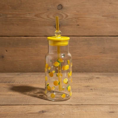 Picture of Lemon Print Sipper Glass 16oz capacity with Airtight Yellow Lid and Matching Glass Straw for Refreshing Summer Drinks Iced Coffee Smoothies Juices and Fruit Infused Water at Home Office or Outdoors.-Multicolor