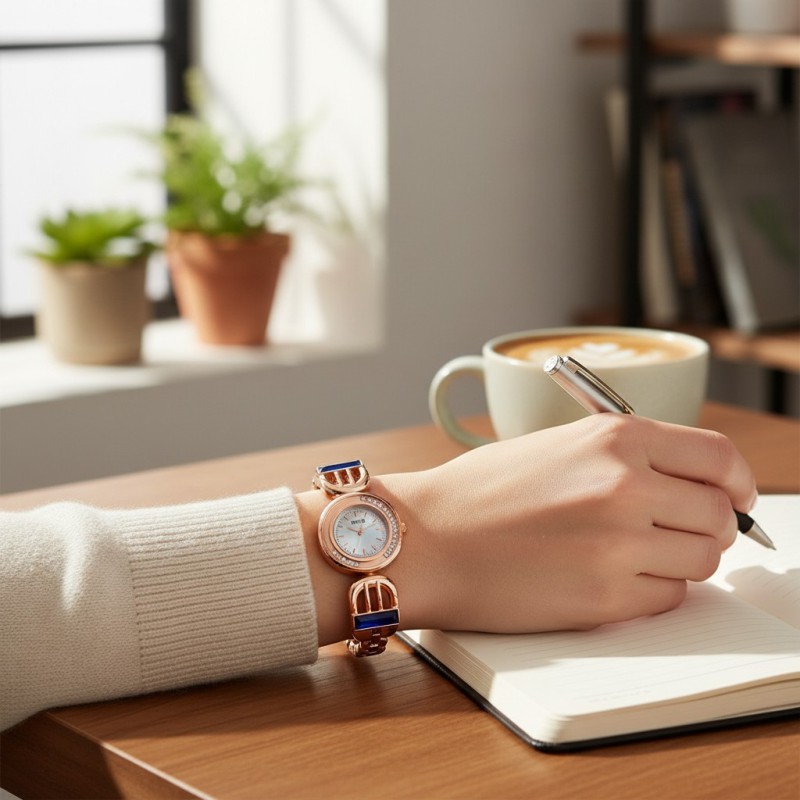 Picture of Luxury Rose Gold Women's Bracelet Watch featuring Elegant Round Dial with Crystal Bezel Blue Sapphire Baguette Gemstones Accents Premium Quartz Movement Stylish Jewelry Timepiece for Formal Occasions and Wedding Party Wear.-Multicolor