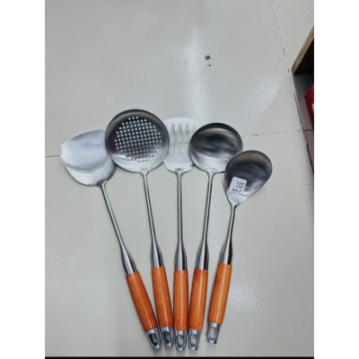 Picture of Premium 304 Stainless Steel Kitchen Utensil Set with Ergonomic Rosewood Handles for Professional Cooking Including Long Wok Spatula Soup Ladle Slotted Turner and Skimmer Spoon for Daily Home Kitchen Use Today.-Multicolor