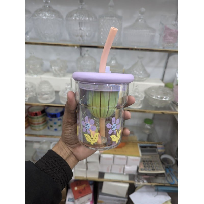 Picture of Aesthetic Purple Flower Power Glass Tumbler 16oz (500ml) with Lid & Straw | Reusable Borosilicate Glass Iced Coffee Cup & Juice Bottle with Infuser Design for Women & Girls on the go Travel Use-Multicolor